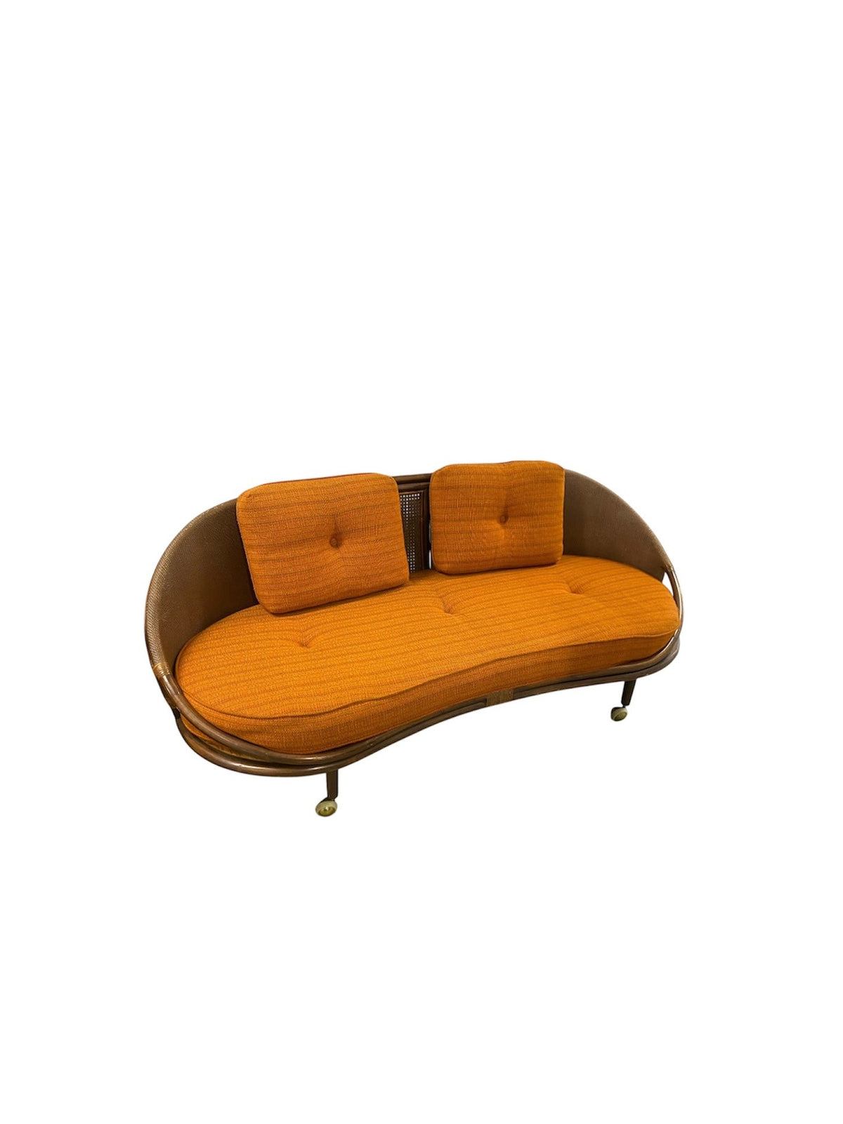 Mid Century Cane Kidney-Shaped Loveseat with Orange Cushions