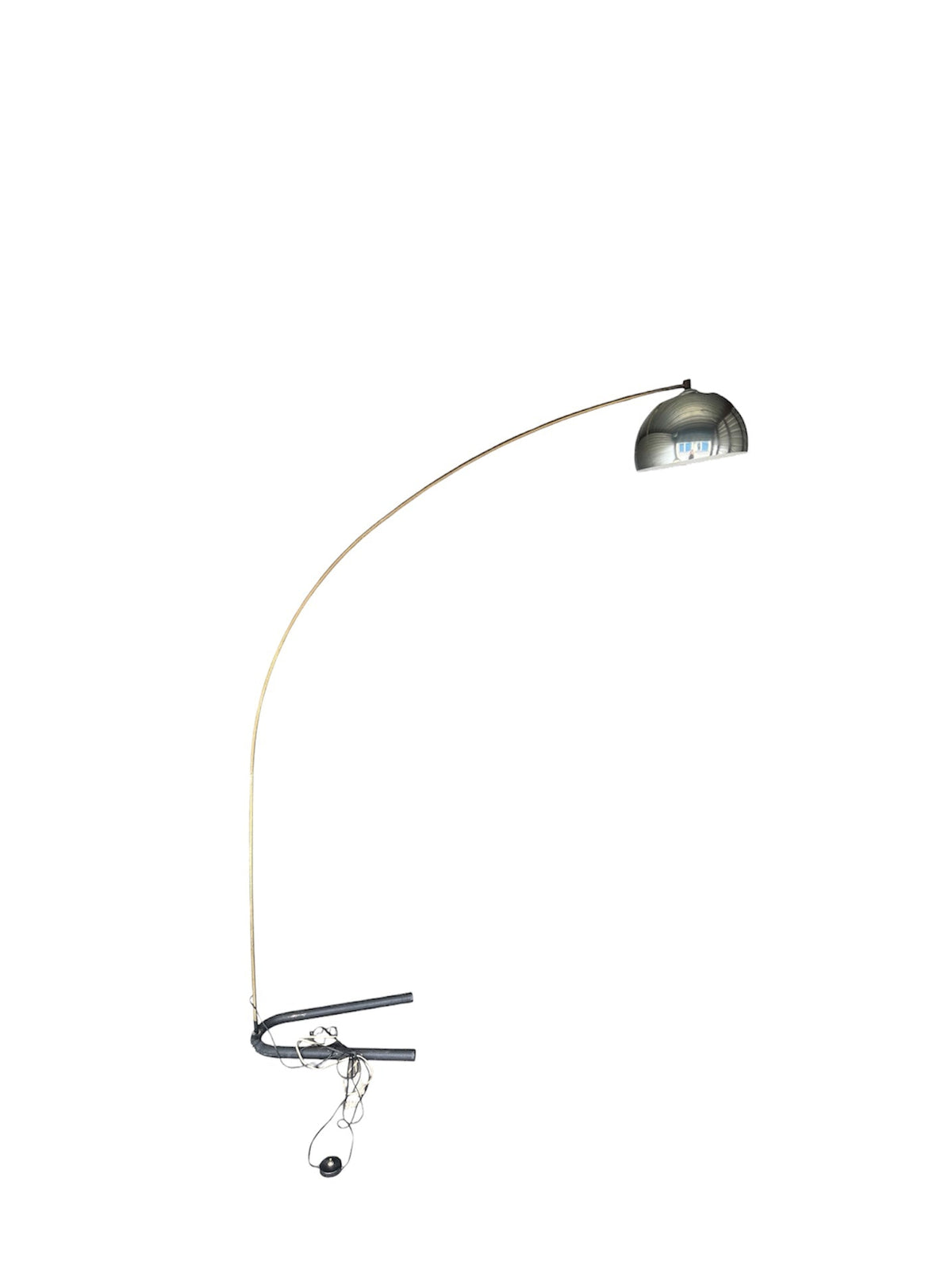 A modern floor lamp with a long, curved metallic gold/bronze arm, a dome-shaped shade, and a black wall-mounting bracket with a hanging power cord, isolated on a white background.