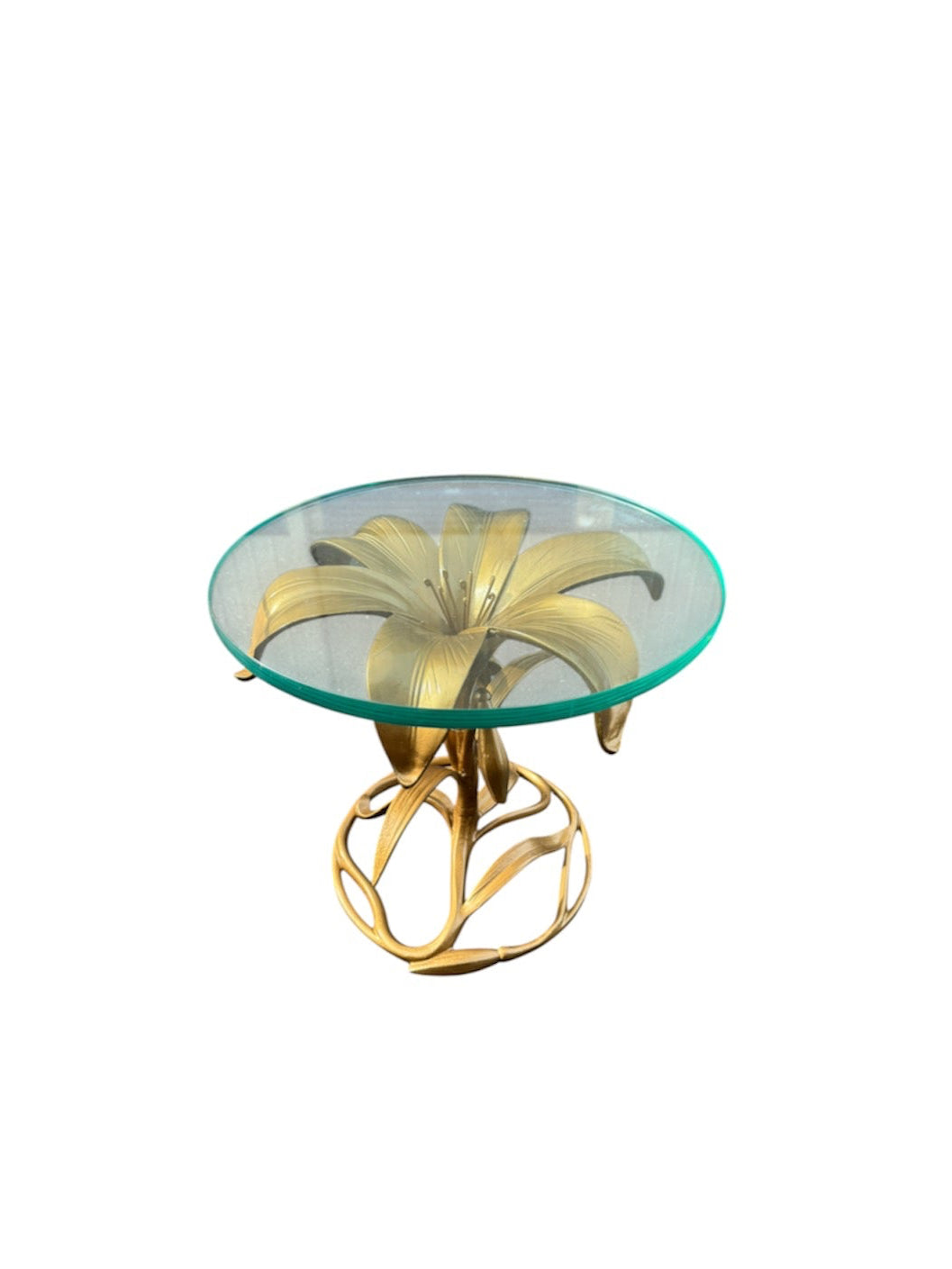 Arthur Court Brass Lily Flower Side Table with Glass Top