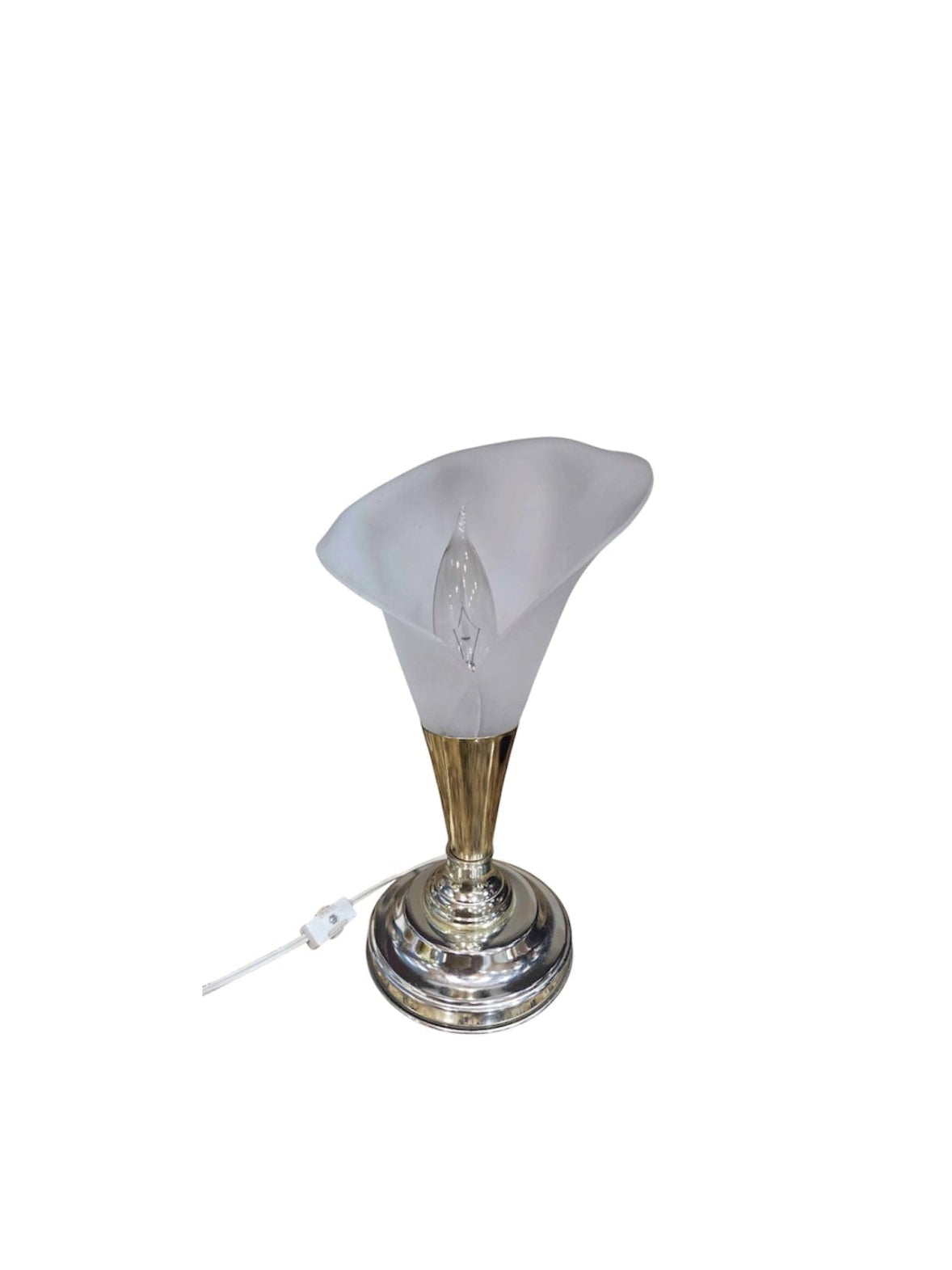 A vintage-style flower table lamp designed like a gramophone horn, featuring a frosted white glass top and a polished silver-toned metal base and neck, with a visible power cord.