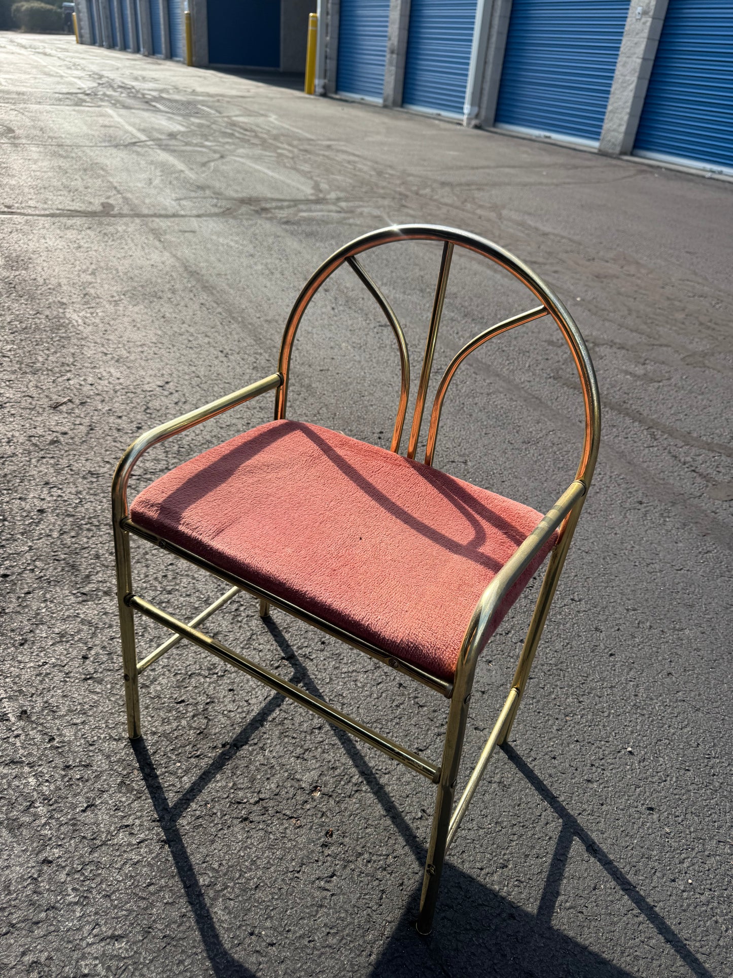 Hollywood Regency Glass and Brass Smoked glass and pink stool vanity set