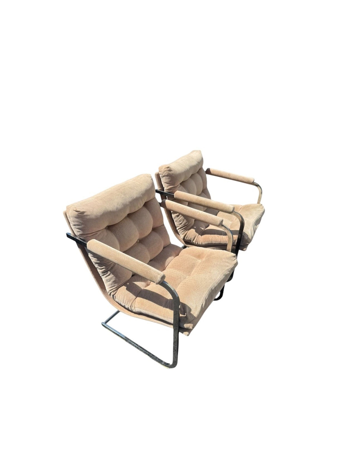 Milo Baughman Hollywood Regency Style Tan Velvet and Chrome Cantilever Lounge Chairs, Pair
