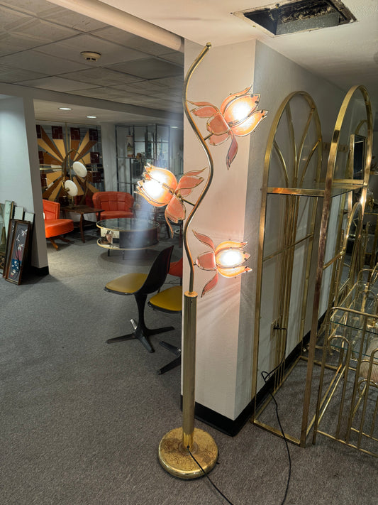 Hollywood Regency Coral and Brass Lotus Floor Flower Lamp