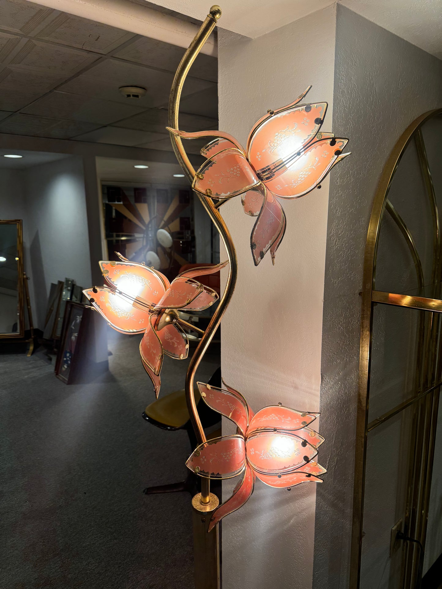 Hollywood Regency Coral and Brass Lotus Floor Flower Lamp