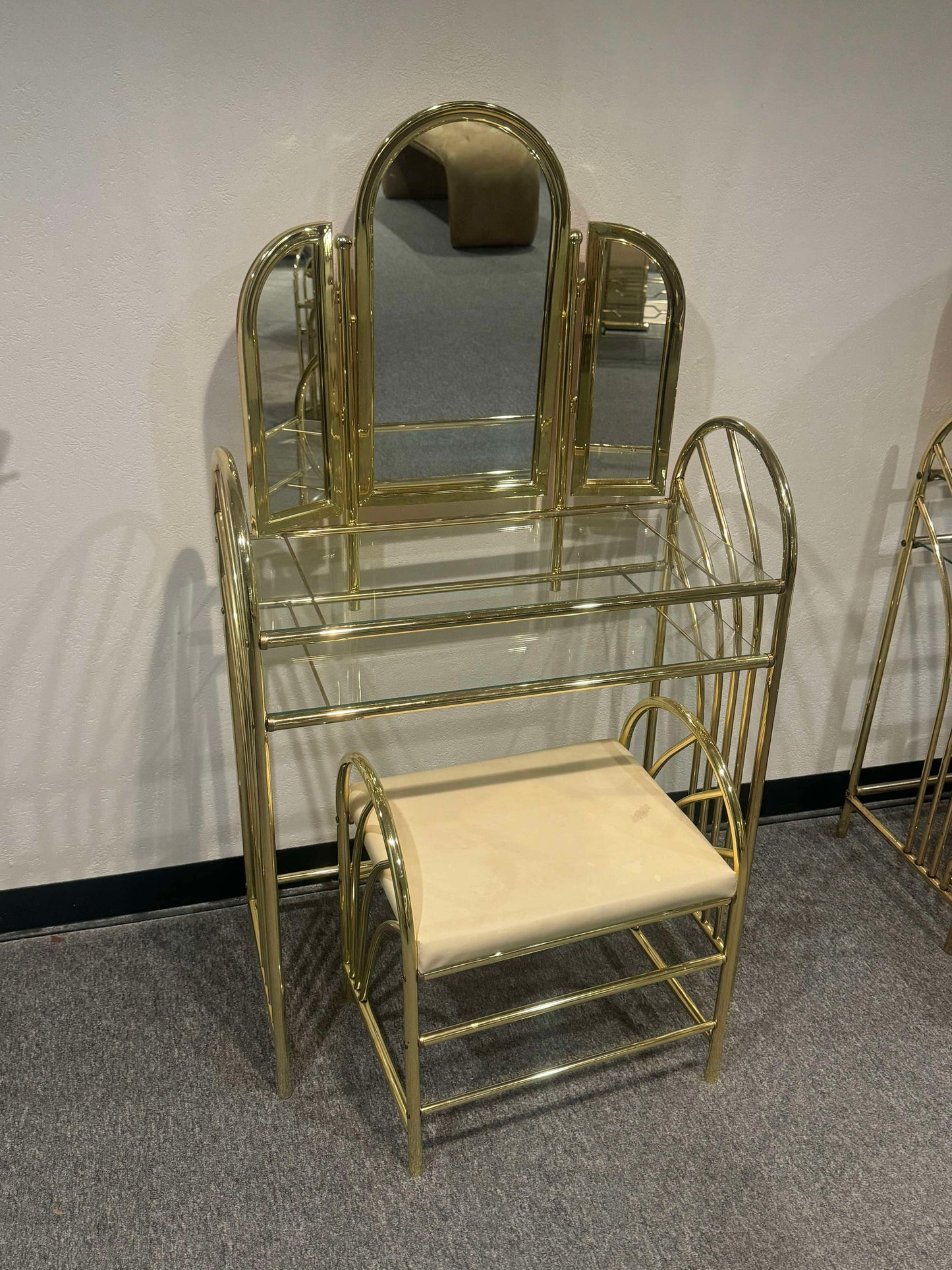 (On hold shipping for CeleHollywood Regency Tri Mirror Brass And Glass Mirror Vanity Stool Set