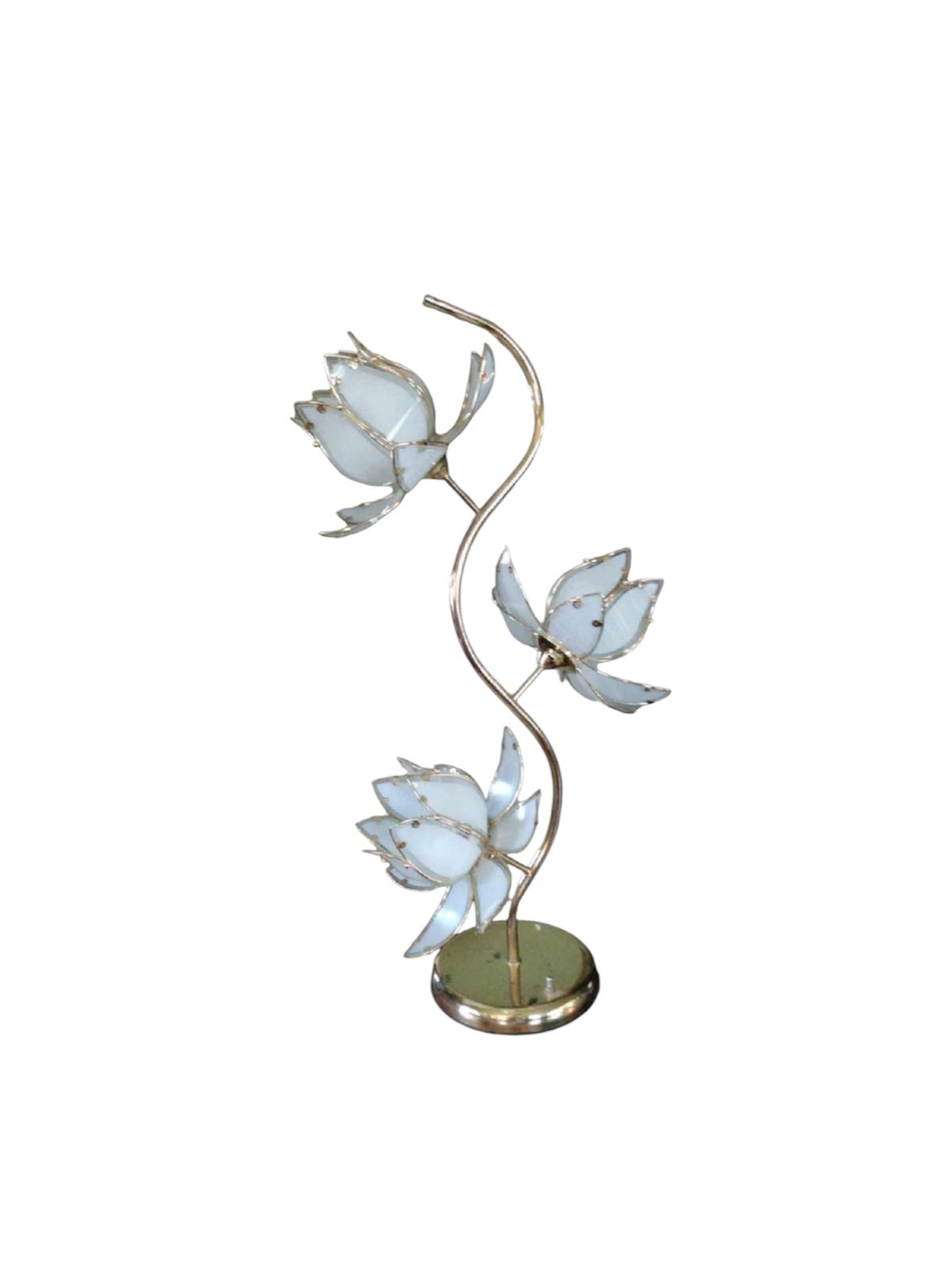 Hollywood Regency White and Brass Glass Lotus Table Flower Lamp