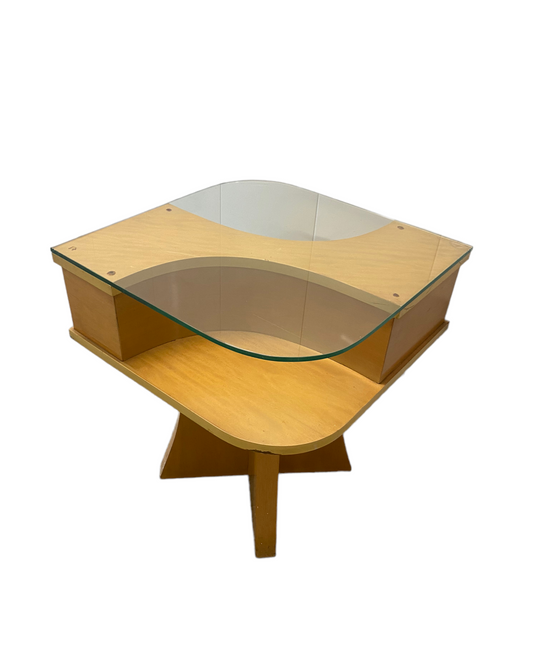 Abstract Heavy Wood And Glass MCM Side Table With cutout Shelving