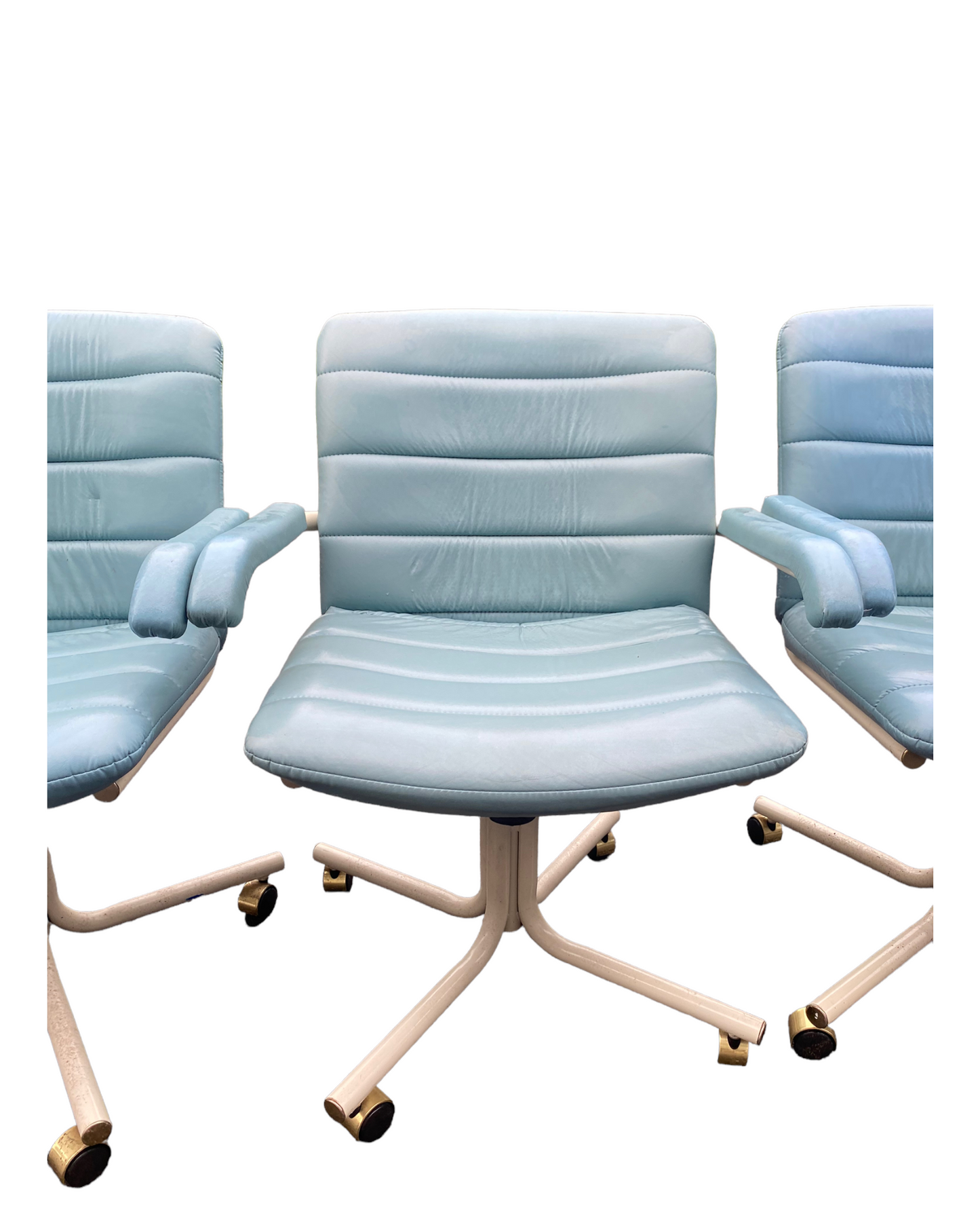 Palm Beach Regency ChromeCraft Tiffany Blue and White Leather Swivel Dining Chairs Set of Four