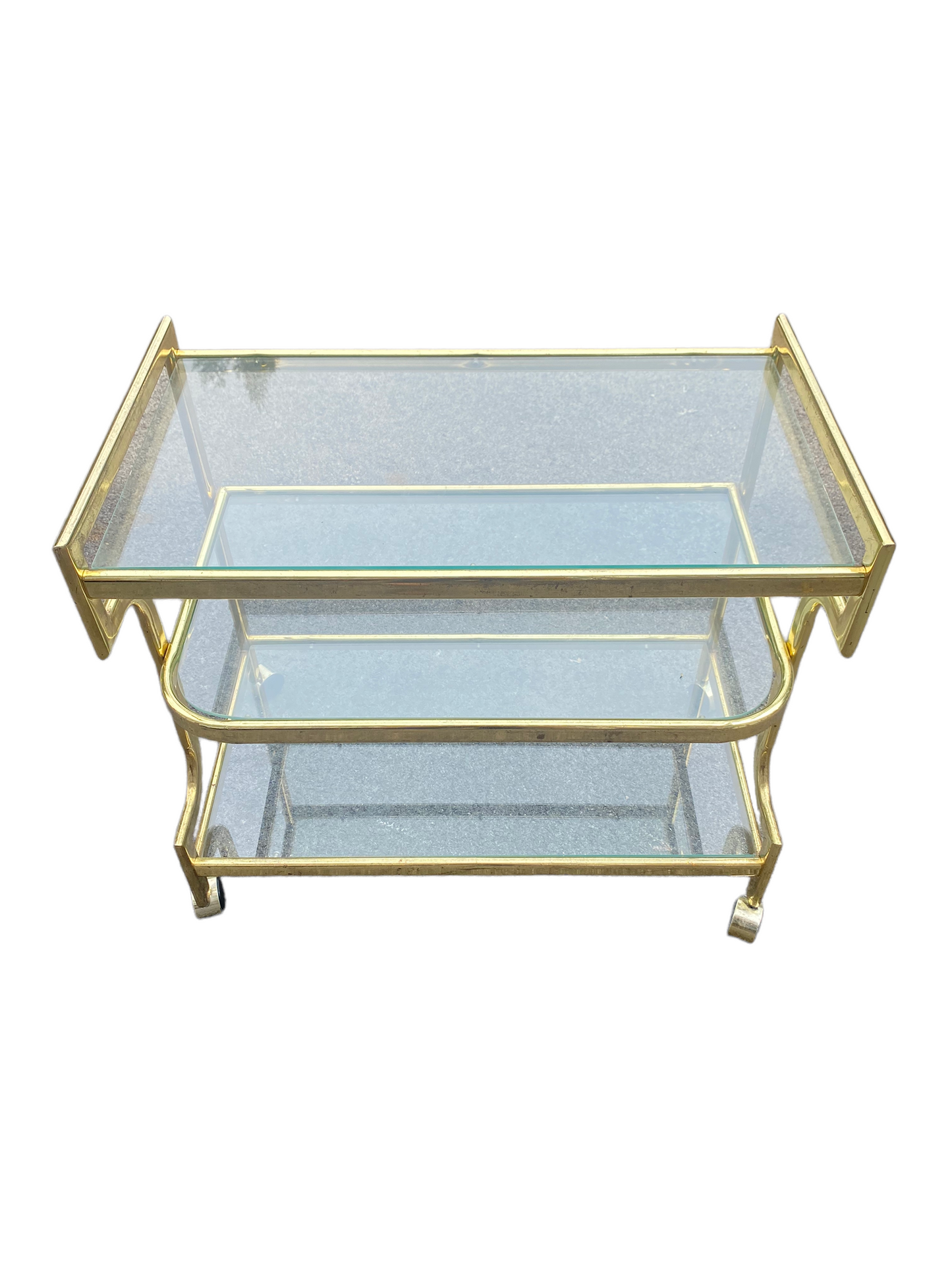 Hollywood Regency Heavy Brass and Glass Three Shelf Bar Tea Cart On Wheels