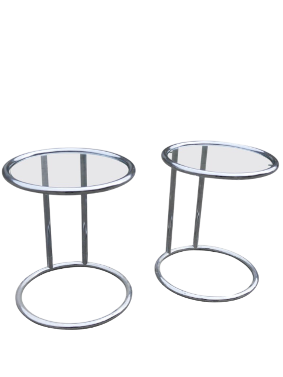 Simple Round Chrome And Glass MCM Cantilever Side Tables