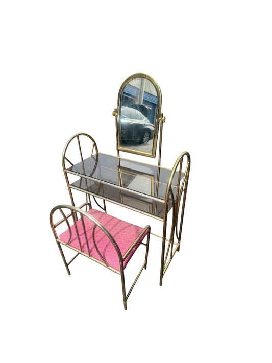 Hollywood Regency Brass & Glass Vanity Set with Pink Bench
