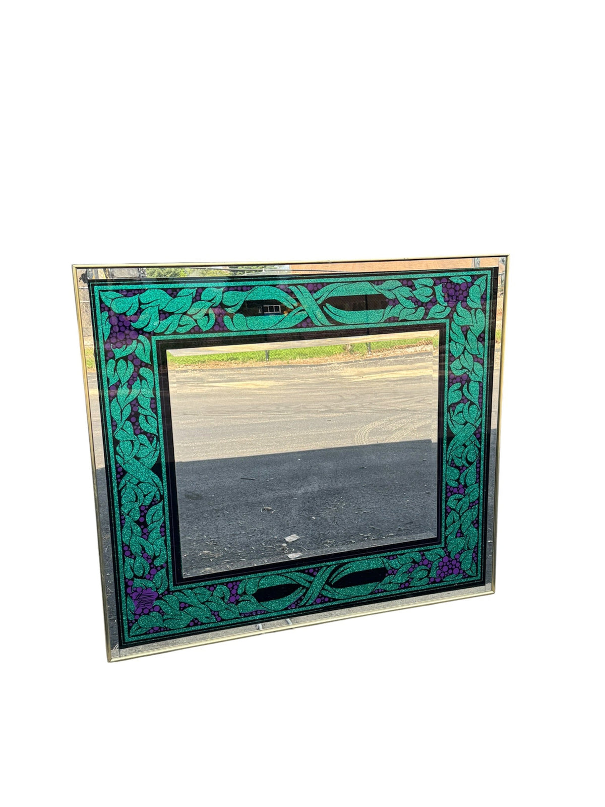 Large Sparkle-Framed Purple & Green Wall Mirror Brass Framed