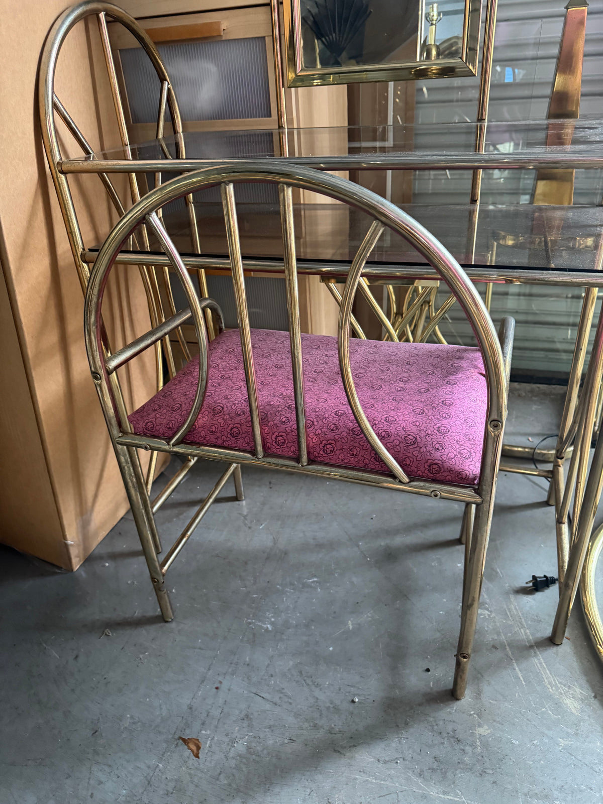 Hollywood Regency Brass & Glass Vanity Set with Pink Bench
