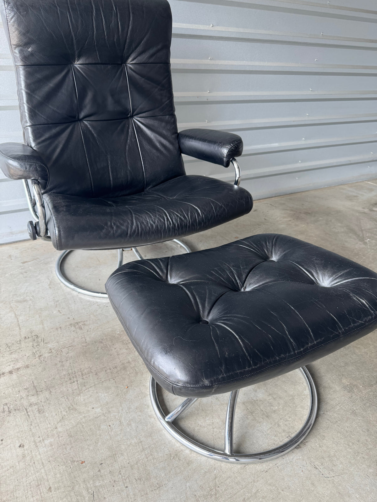 Ekornes Stressless Chrome and Black Leather Recliner & Ottoman