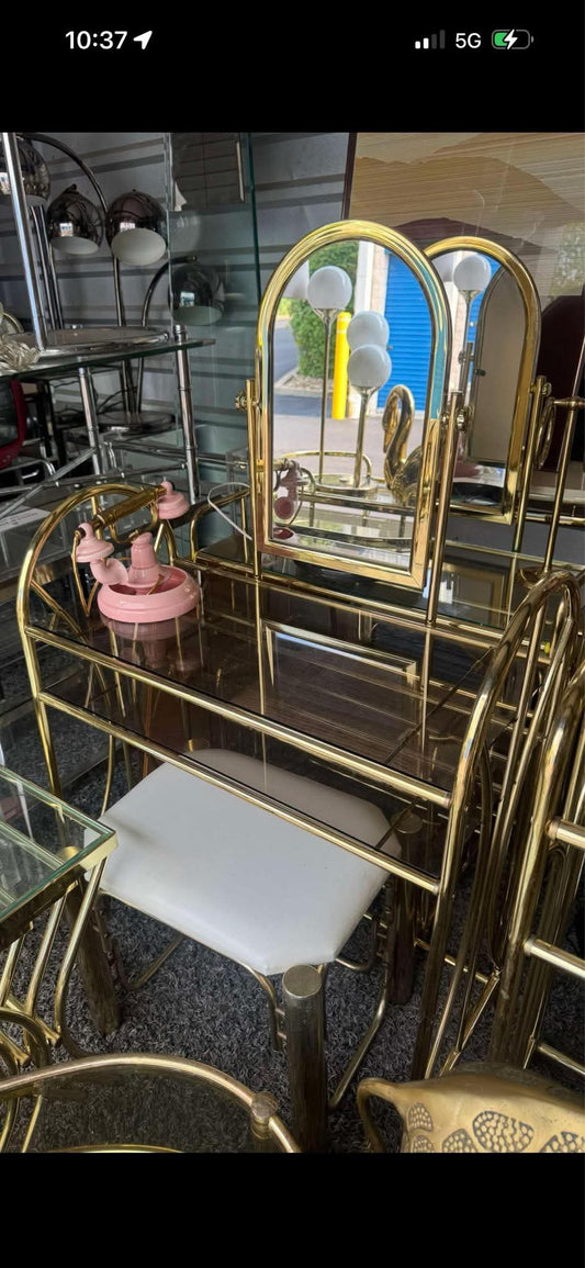 Hollywood Regency Glass and Brass Smoked glass and pink stool vanity set