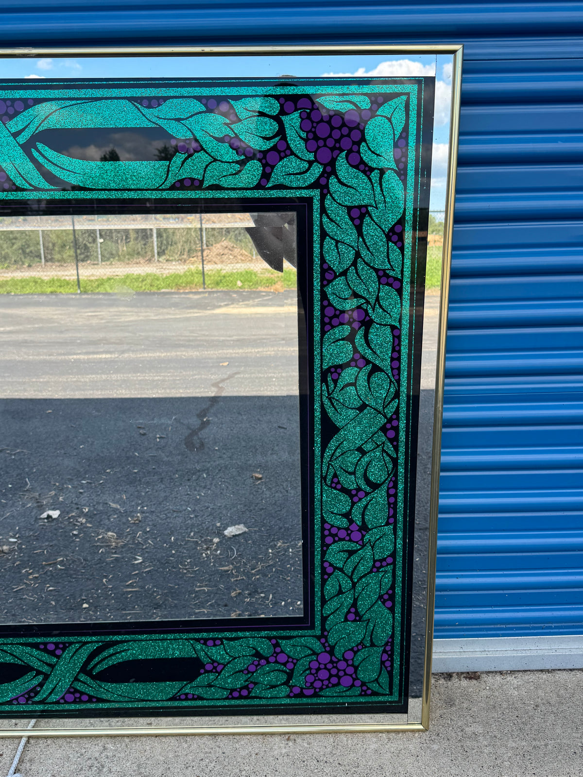 Large Sparkle-Framed Purple & Green Wall Mirror Brass Framed