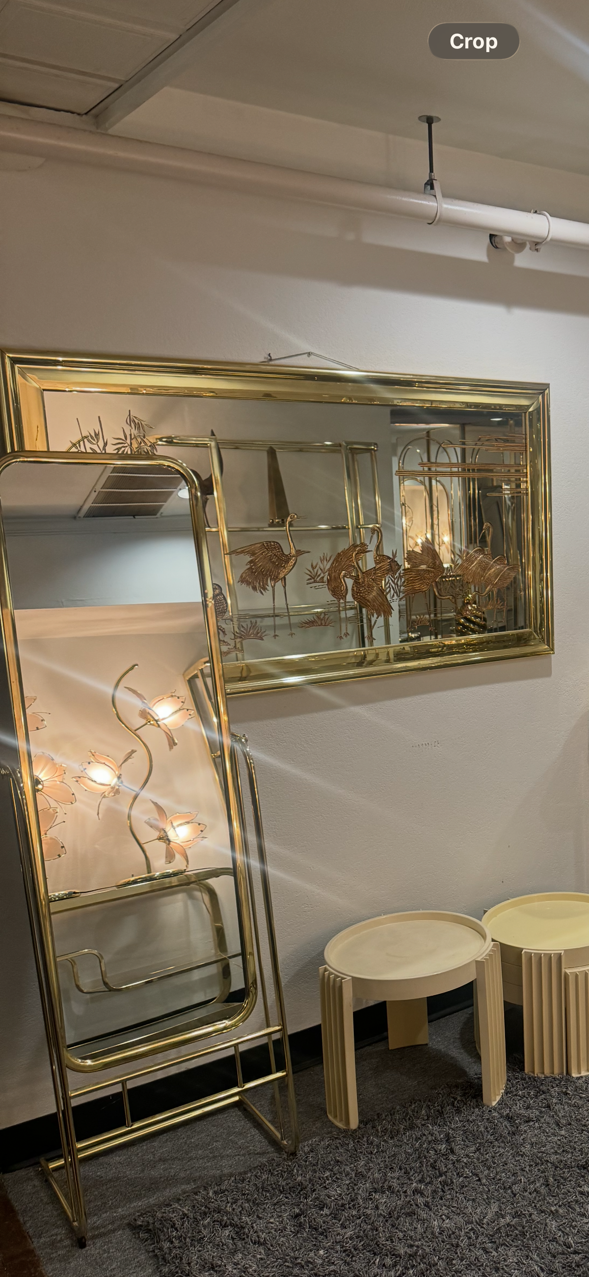 Hollywood Regency Gold Etched Crane Mirror