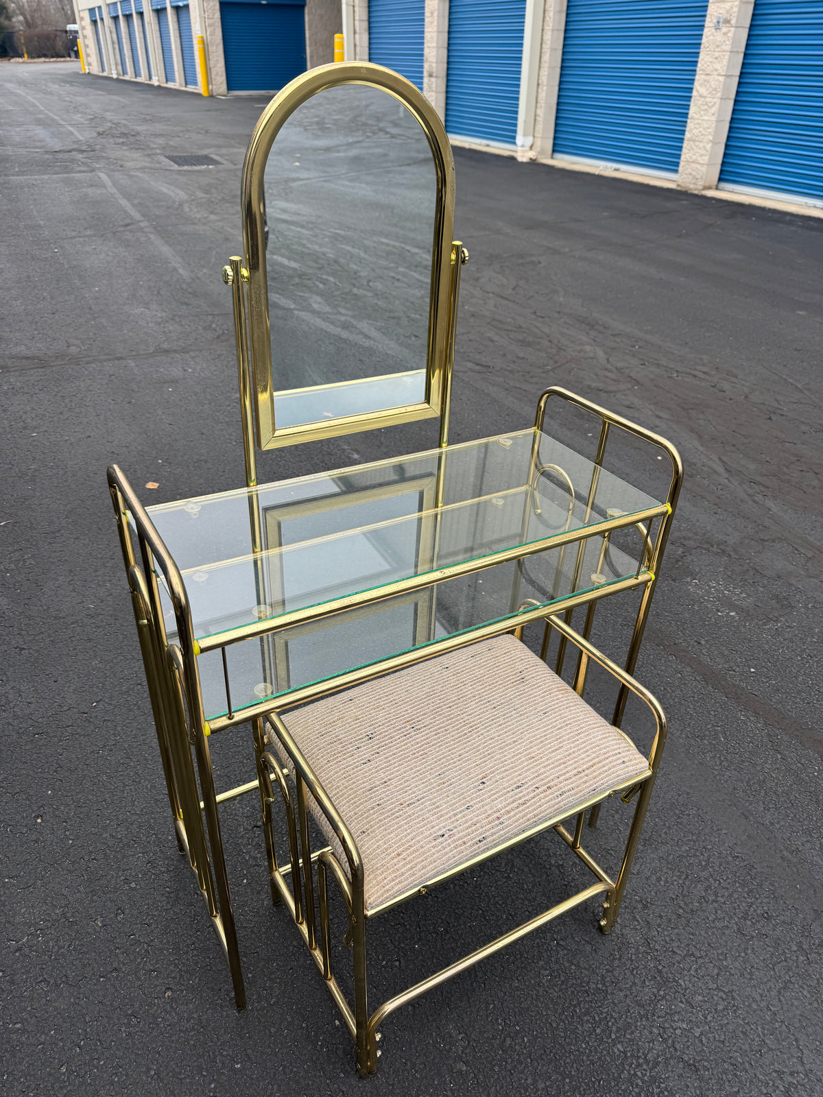 Hollywood Regency Brass Vanity with Mirror & Stool