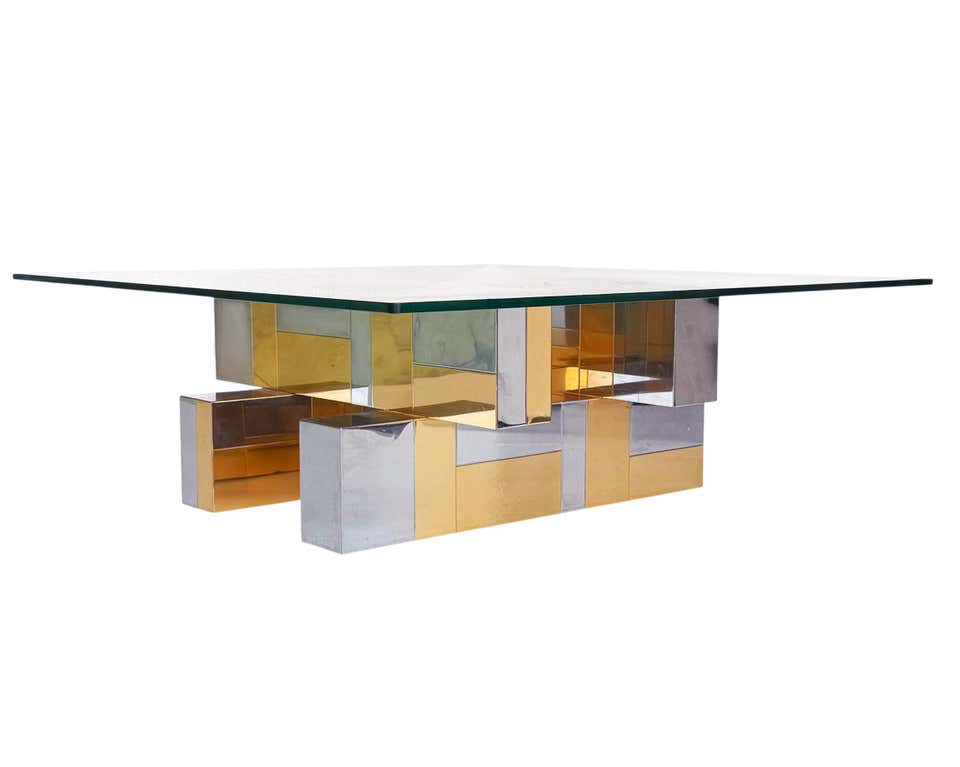 Cityscape-Style Brass, Chrome & Glass Coffee Table, Attributed to Paul Evans