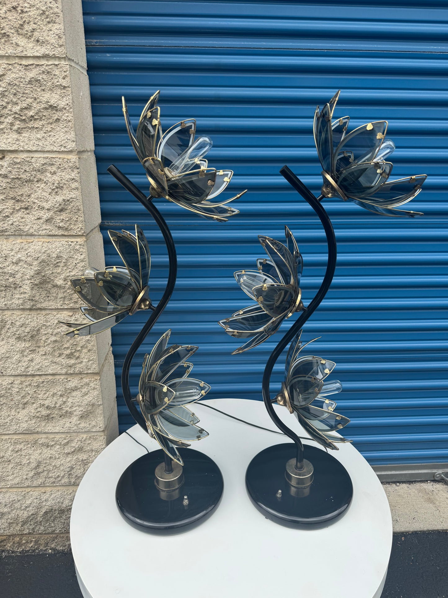Pair of Anthony California black and gold Hollywood regency lotus lamps