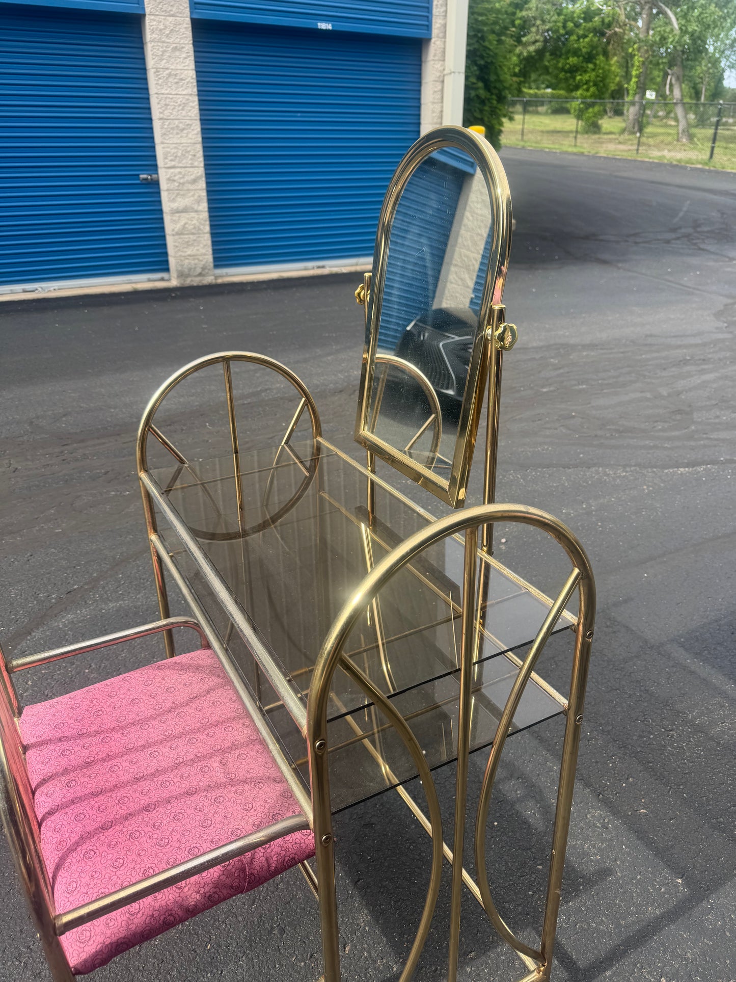 Hollywood regency vanity set brass and glass shipping (for Laury)