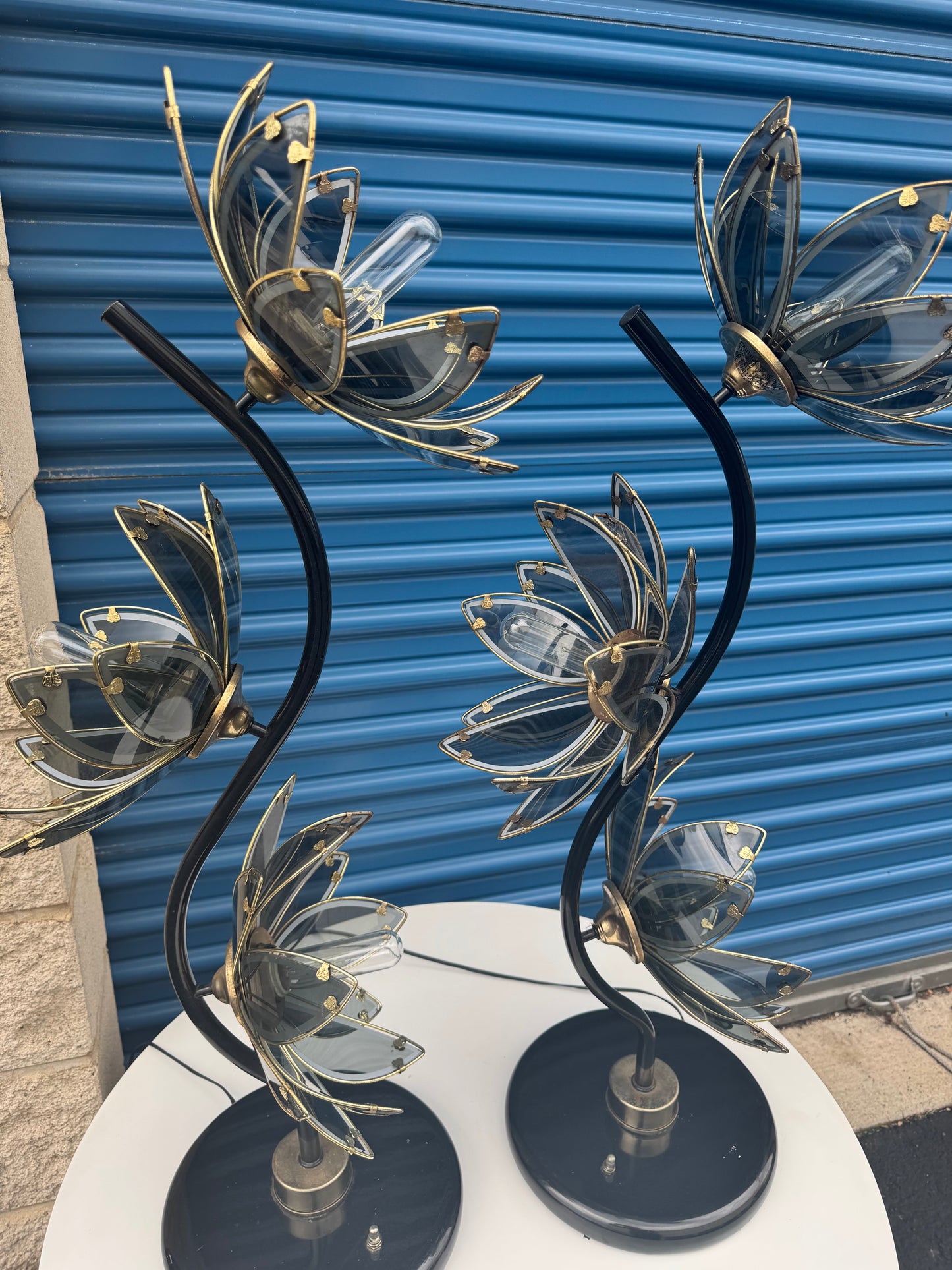 Pair of Anthony California black and gold Hollywood regency lotus lamps