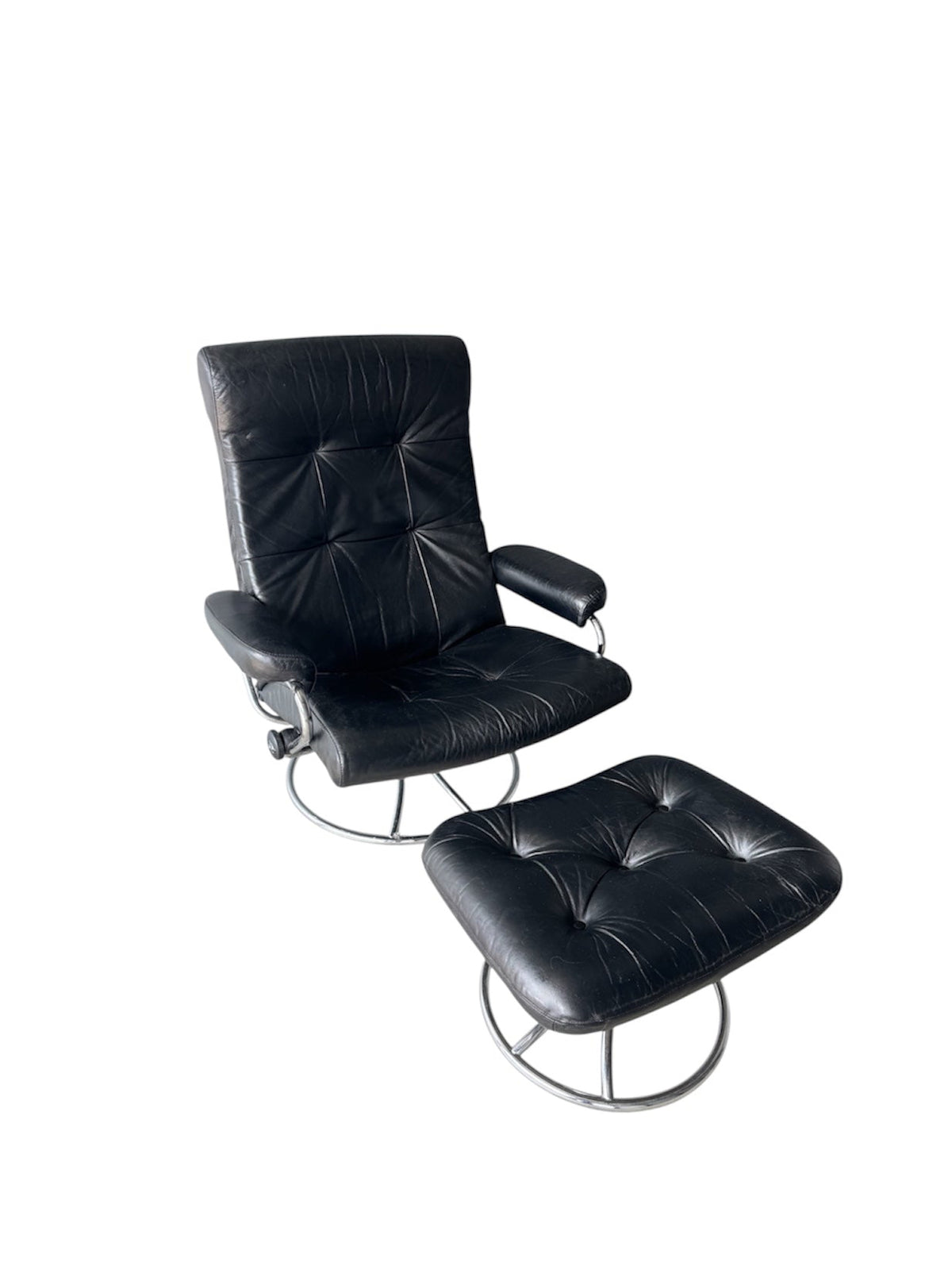 Ekornes Stressless Chrome and Black Leather Recliner & Ottoman