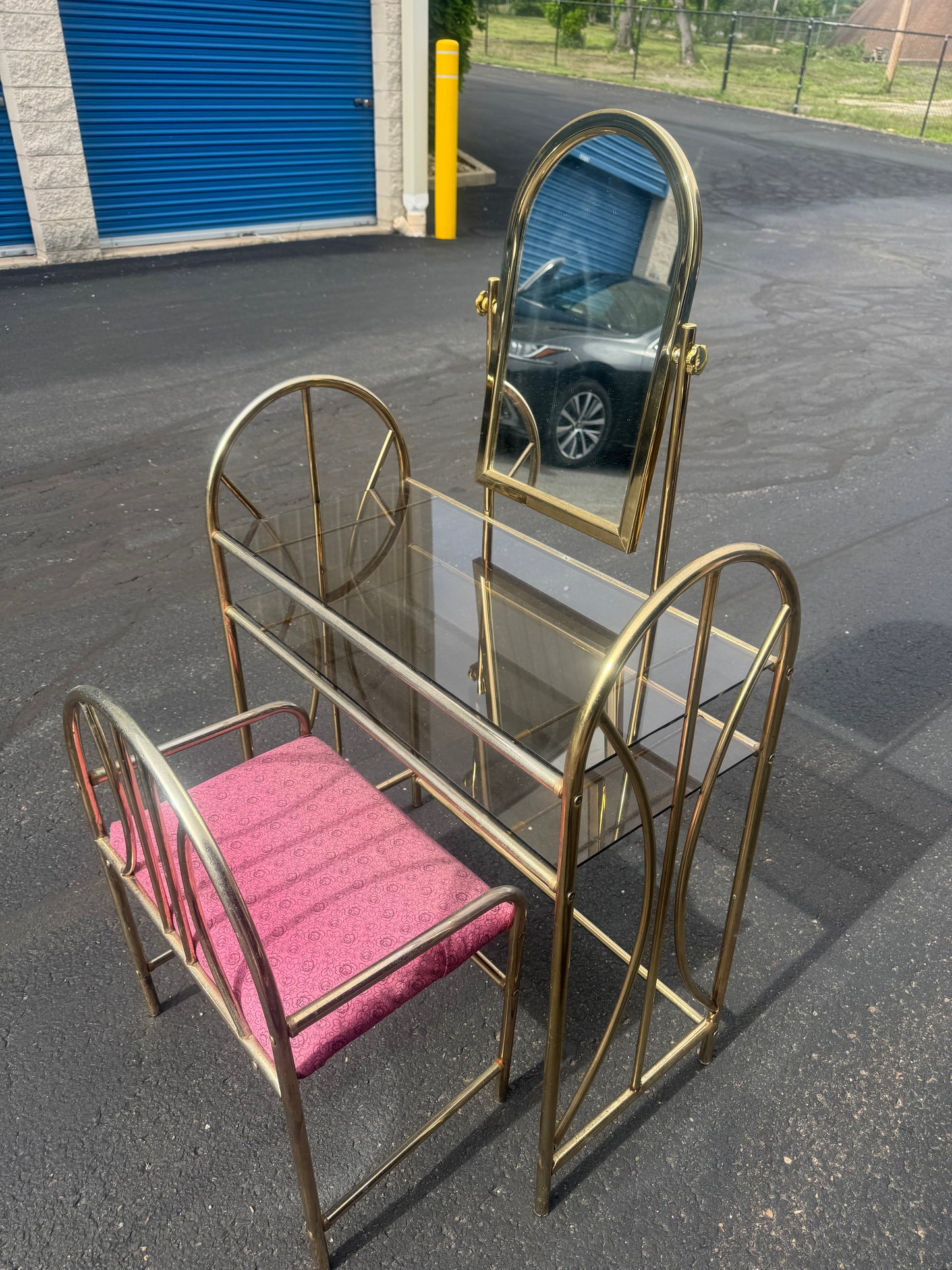 Hollywood regency vanity set brass and glass shipping (for Laury)