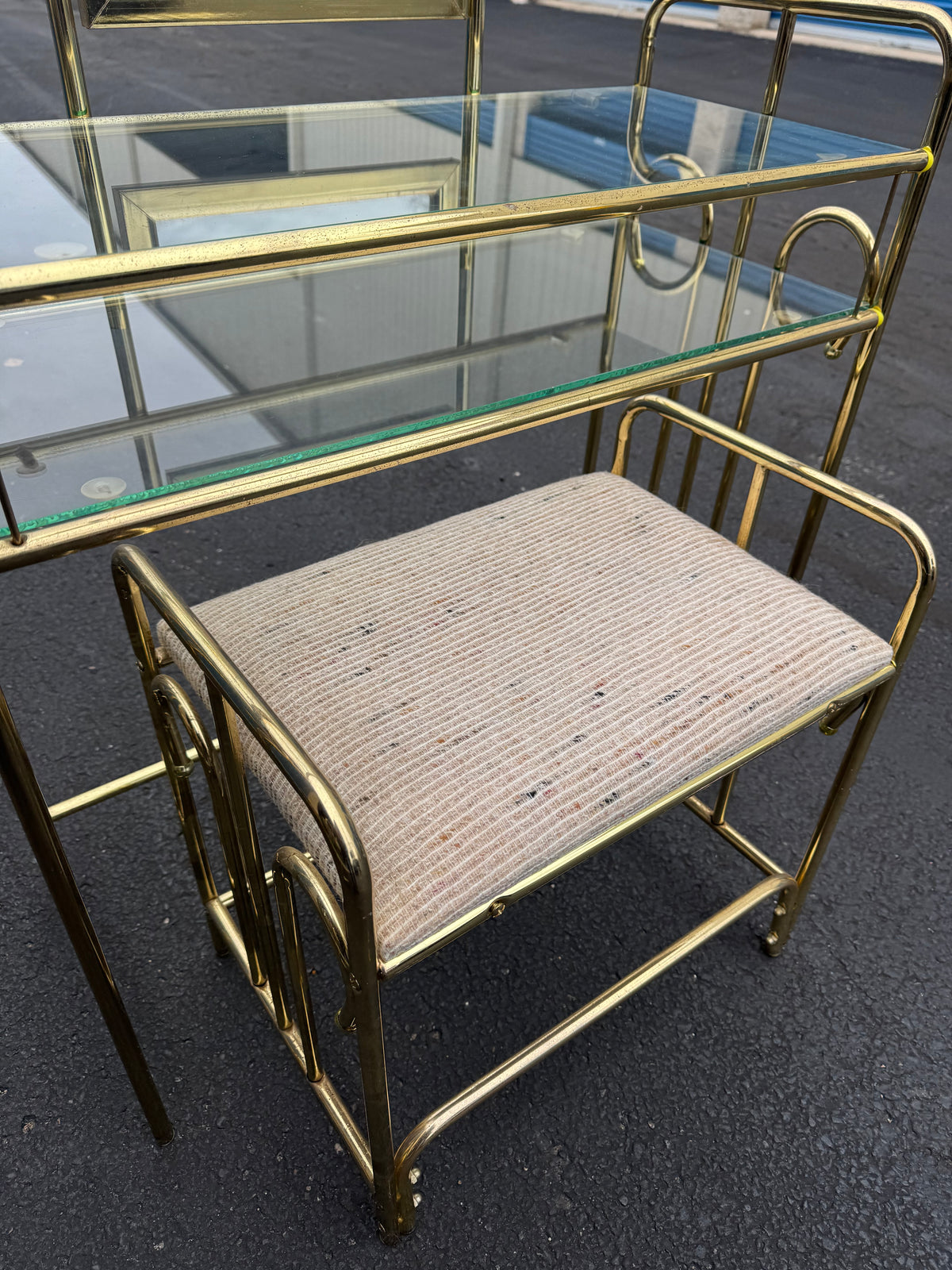 Hollywood Regency Brass Vanity with Mirror & Stool