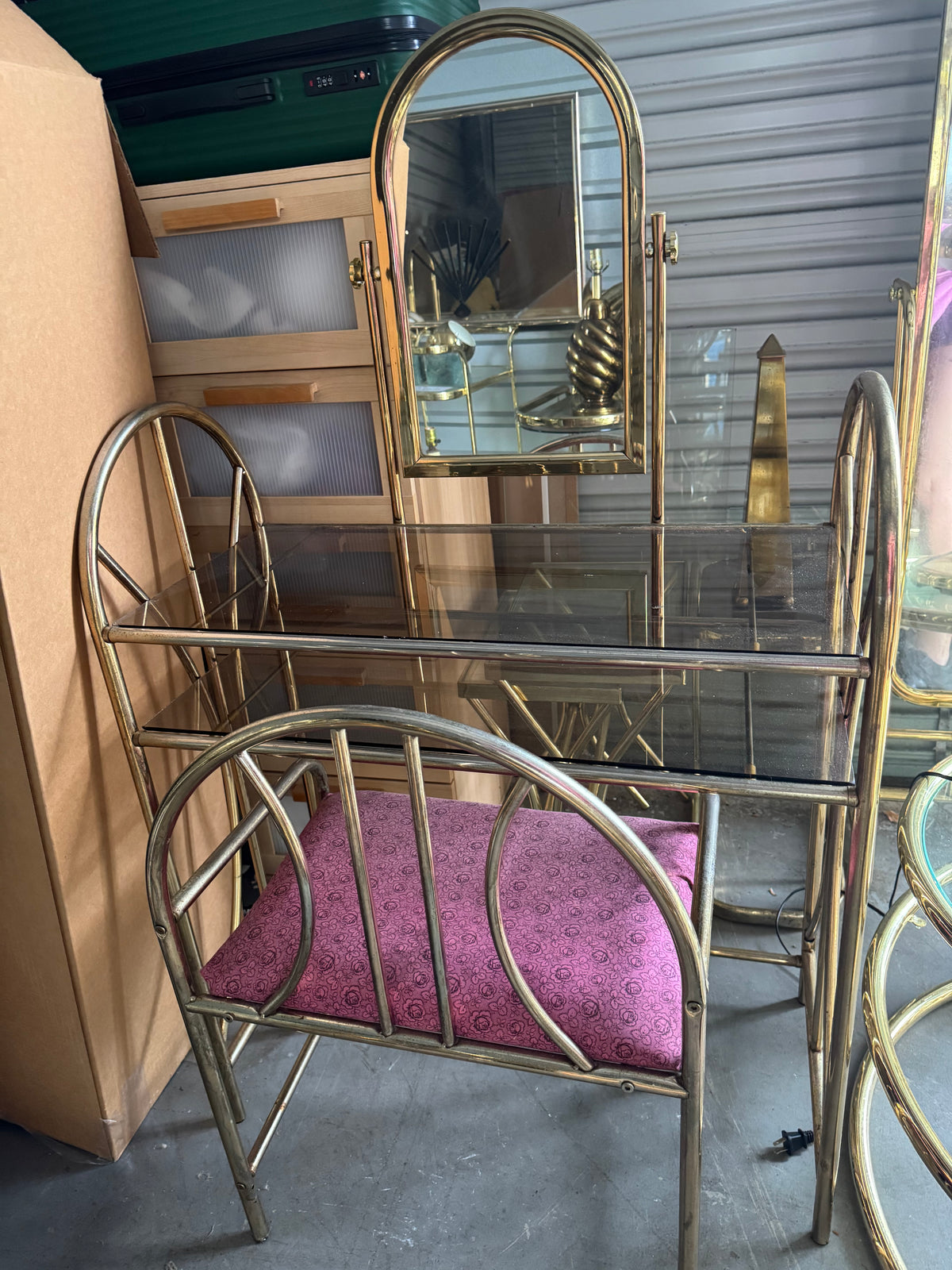 Hollywood Regency Brass & Glass Vanity Set with Pink Bench