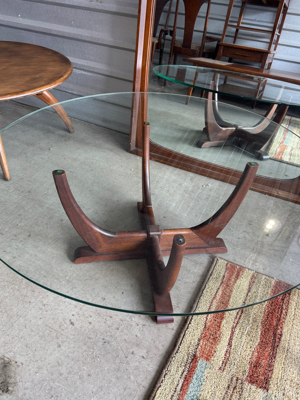 Mid Century Teak Sculptural-Base Glass Top Coffee Table