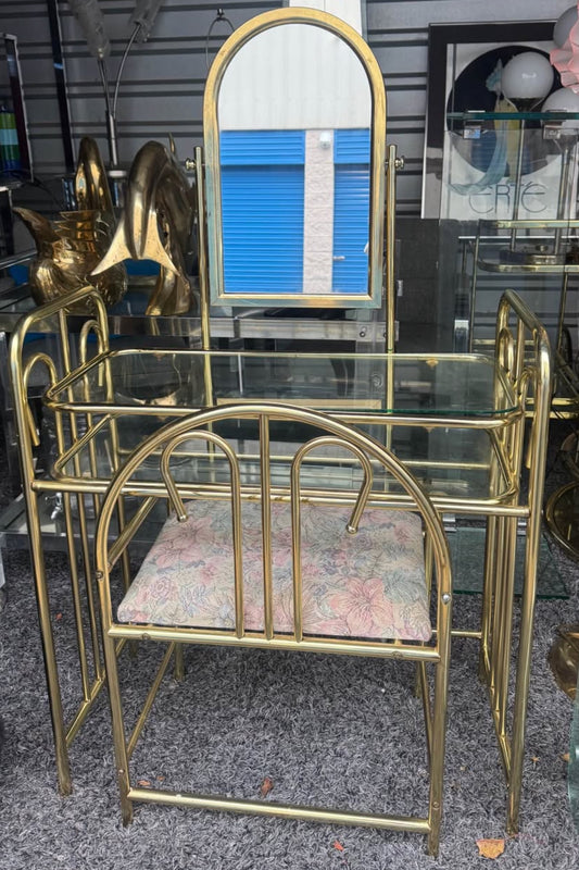 (For Olive) Vintage Hollywood regency brass and glass pink vanity set