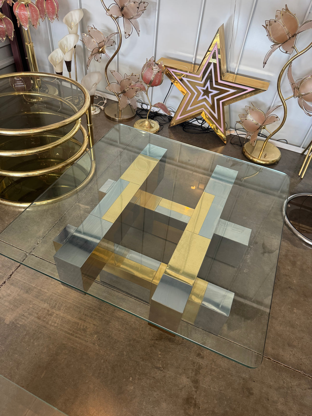 Cityscape-Style Brass, Chrome & Glass Coffee Table, Attributed to Paul Evans