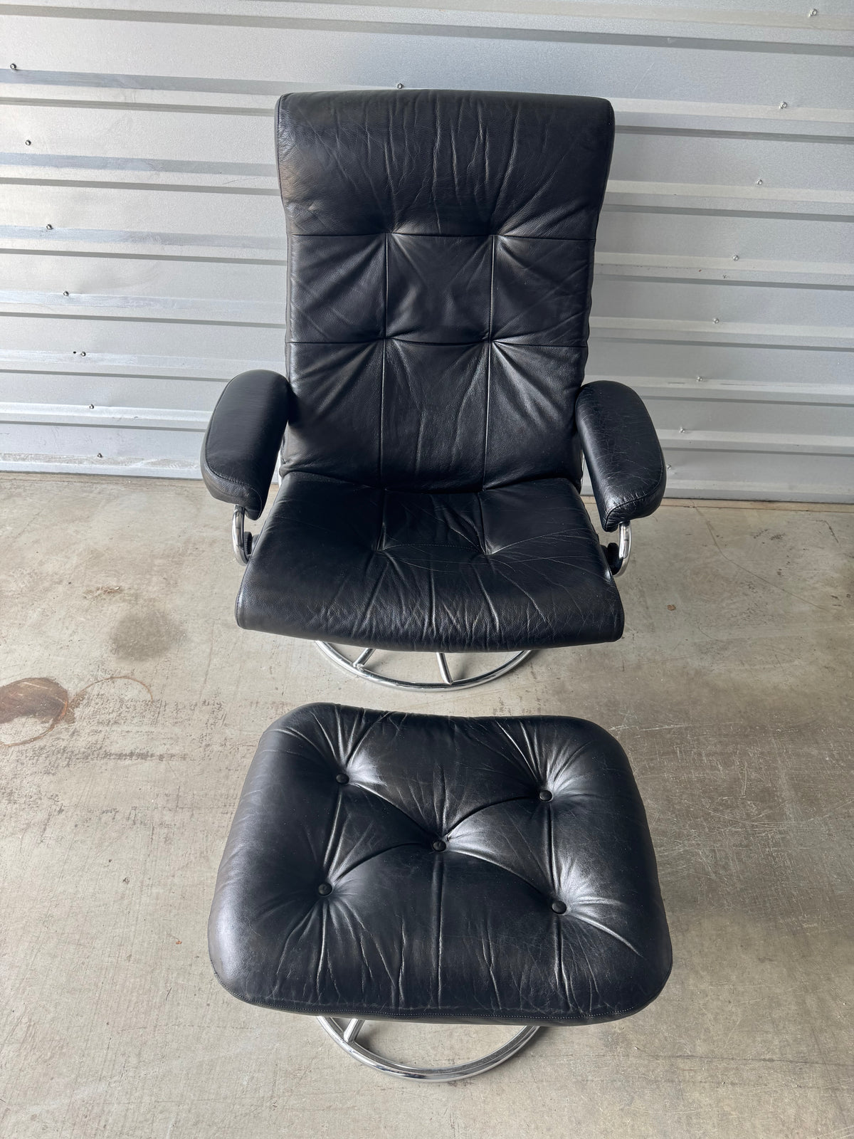 Ekornes Stressless Chrome and Black Leather Recliner & Ottoman