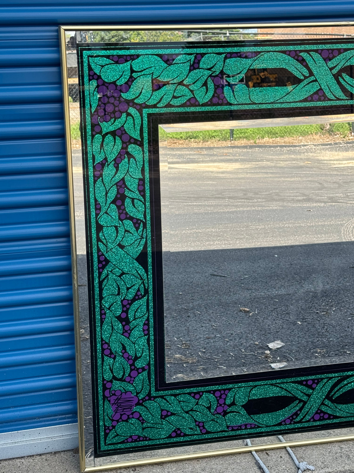 Large Sparkle-Framed Purple & Green Wall Mirror Brass Framed