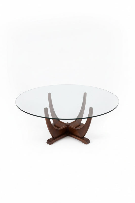 Mid Century Teak Sculptural-Base Glass Top Coffee Table