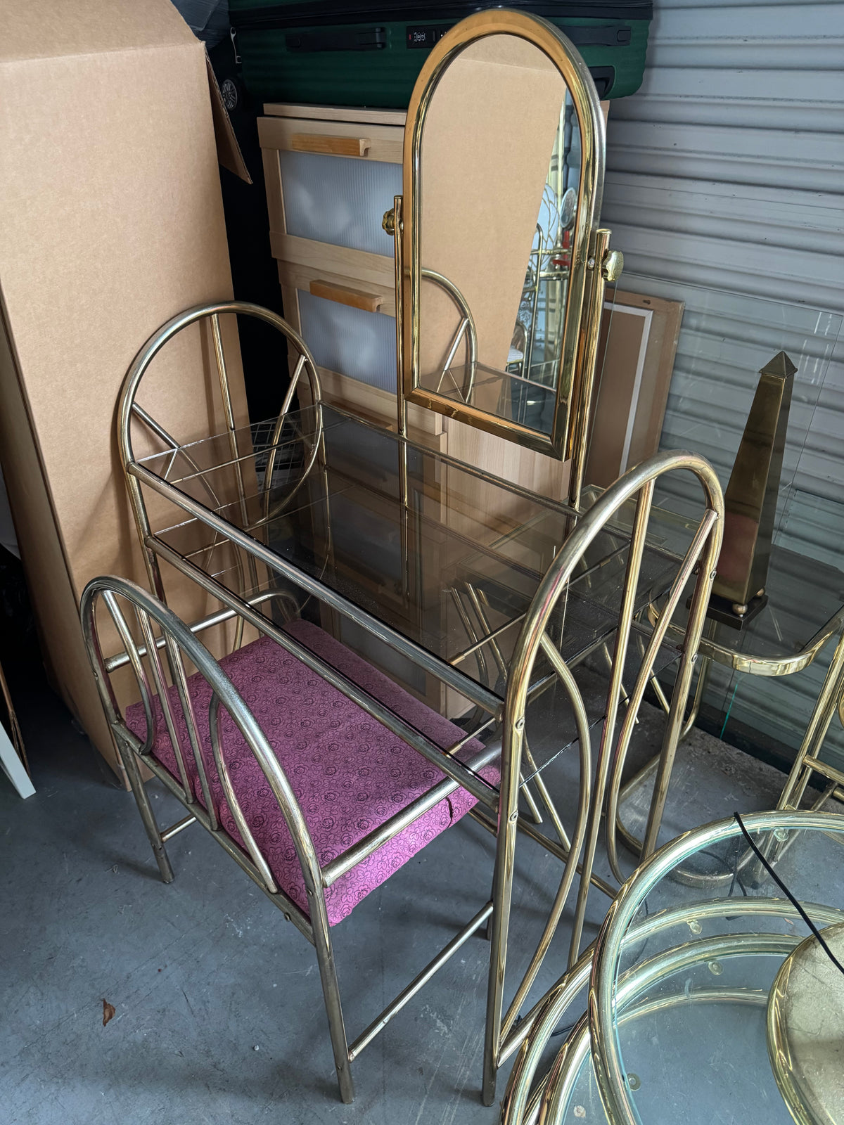Hollywood Regency Brass & Glass Vanity Set with Pink Bench