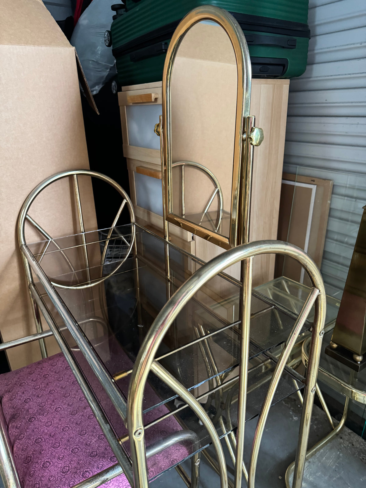 Hollywood Regency Brass & Glass Vanity Set with Pink Bench