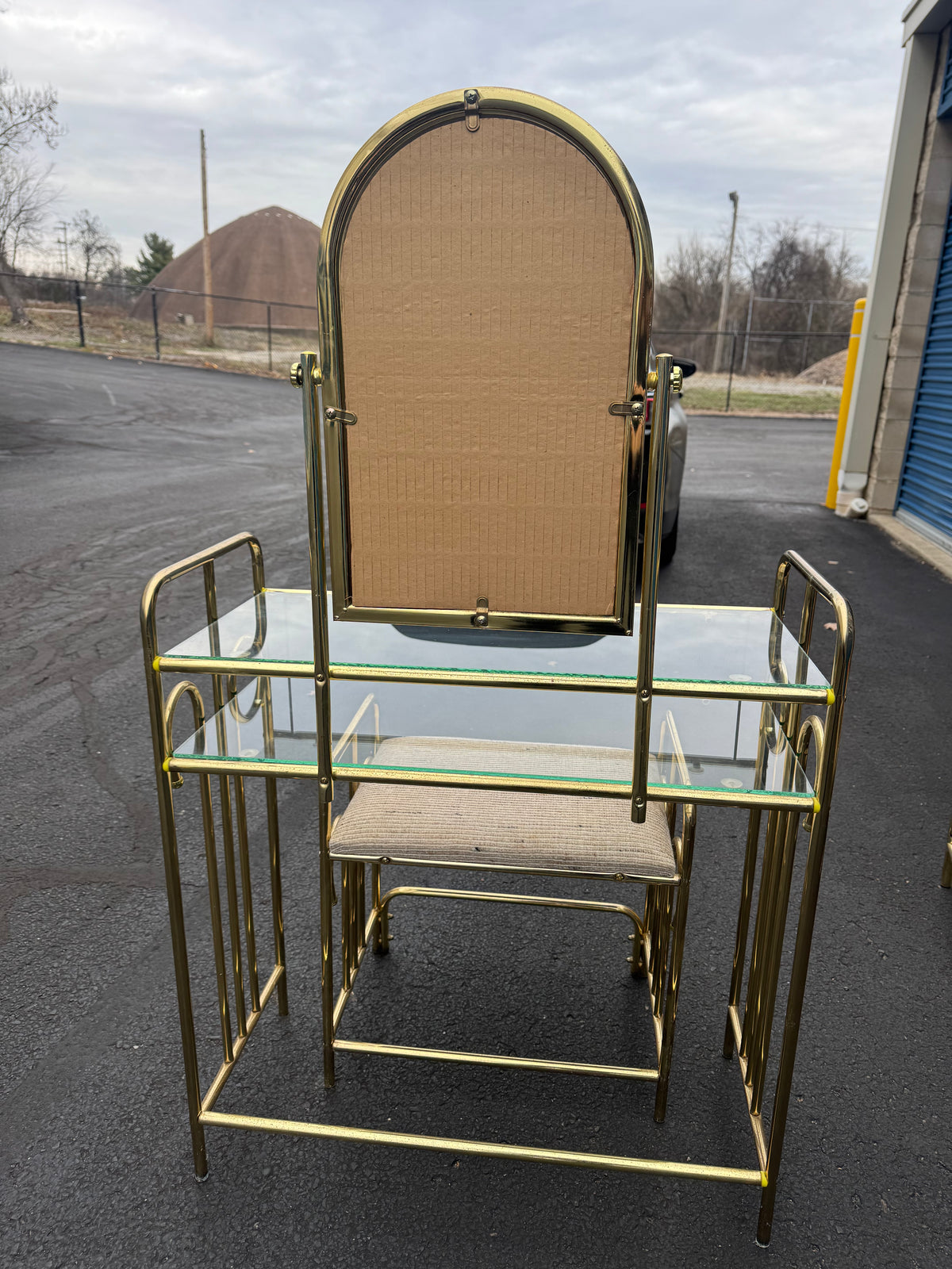 Hollywood Regency Brass Vanity with Mirror & Stool