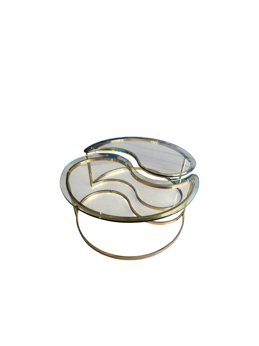 Milo Baughman Style Brass and Glass Yin Yang Nesting Tables, Set of Two