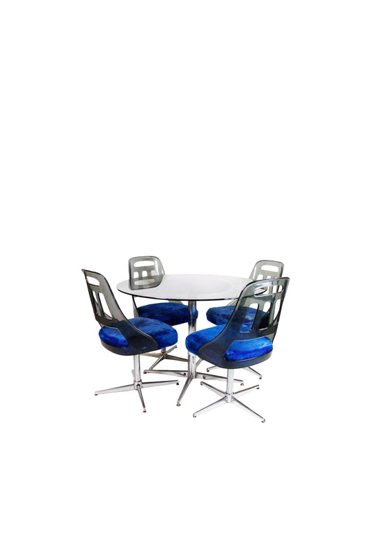 1970s Chrome and Smoked Lucite Dining Set with Blue Velvet Swivel Chairs, Set of 5