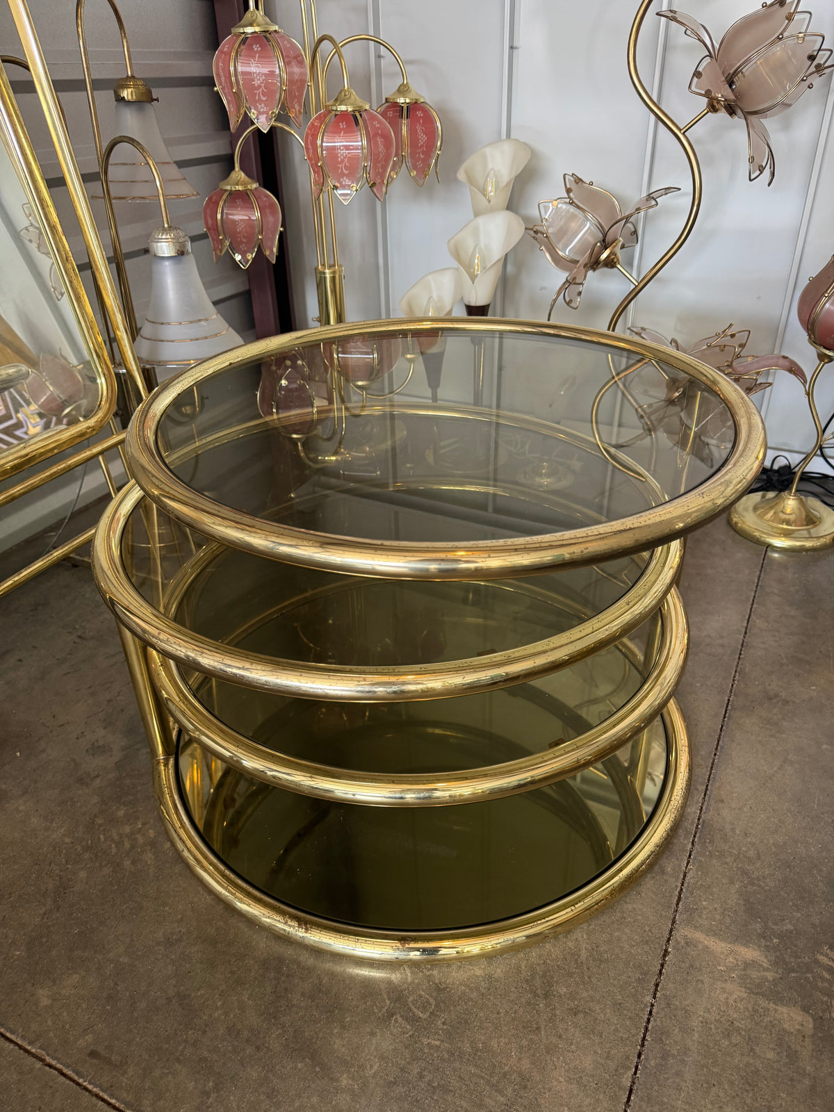 Milo Baughman Swivel Smoked Glass Multi-Tier Table