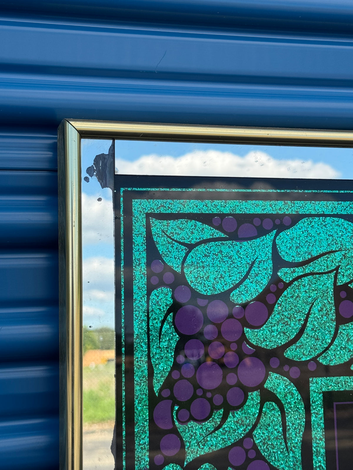 Large Sparkle-Framed Purple & Green Wall Mirror Brass Framed