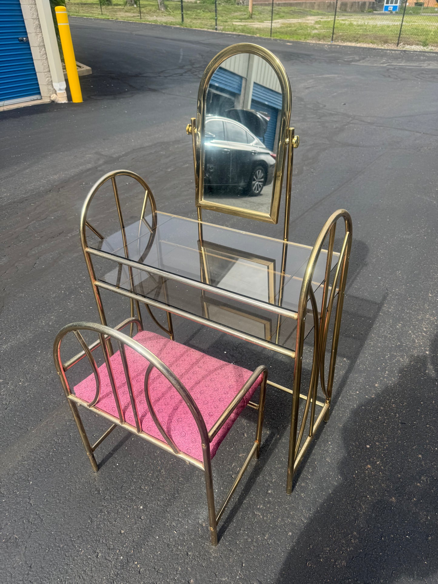 Hollywood regency vanity set brass and glass shipping (for Laury)