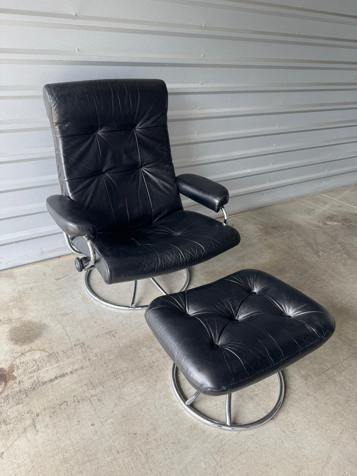 Ekornes Stressless Chrome and Black Leather Recliner & Ottoman