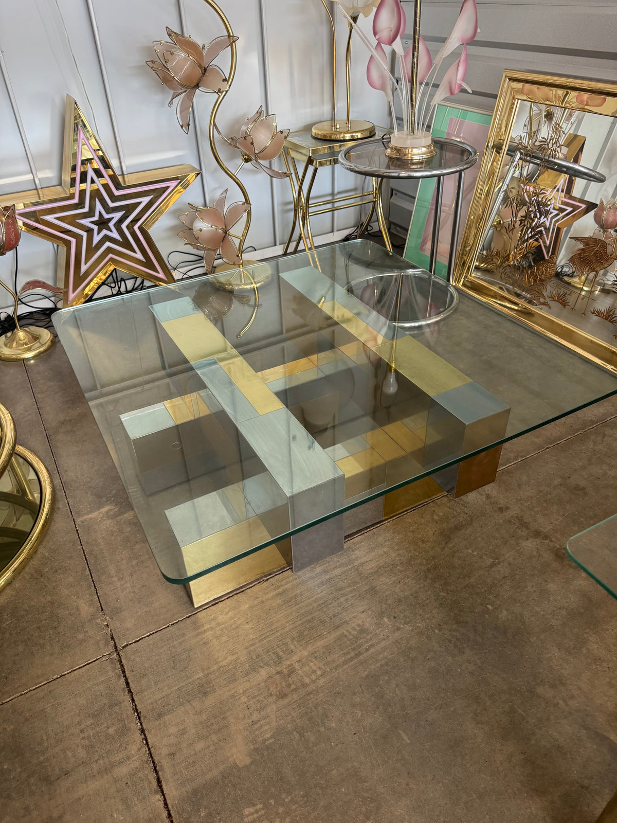 Cityscape-Style Brass, Chrome & Glass Coffee Table, Attributed to Paul Evans