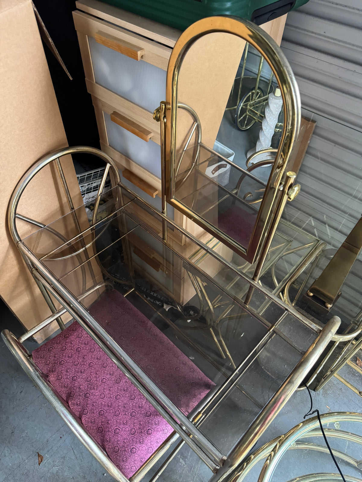 Hollywood Regency Brass & Glass Vanity Set with Pink Bench