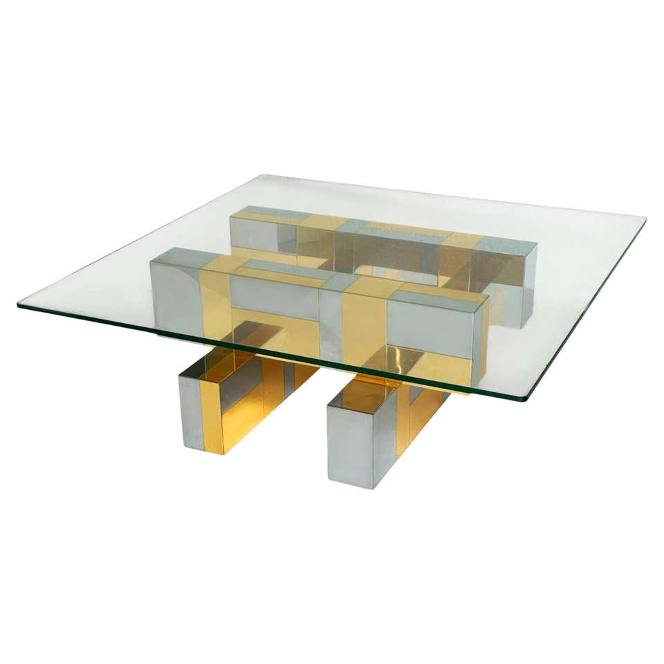 Cityscape-Style Brass, Chrome & Glass Coffee Table, Attributed to Paul Evans