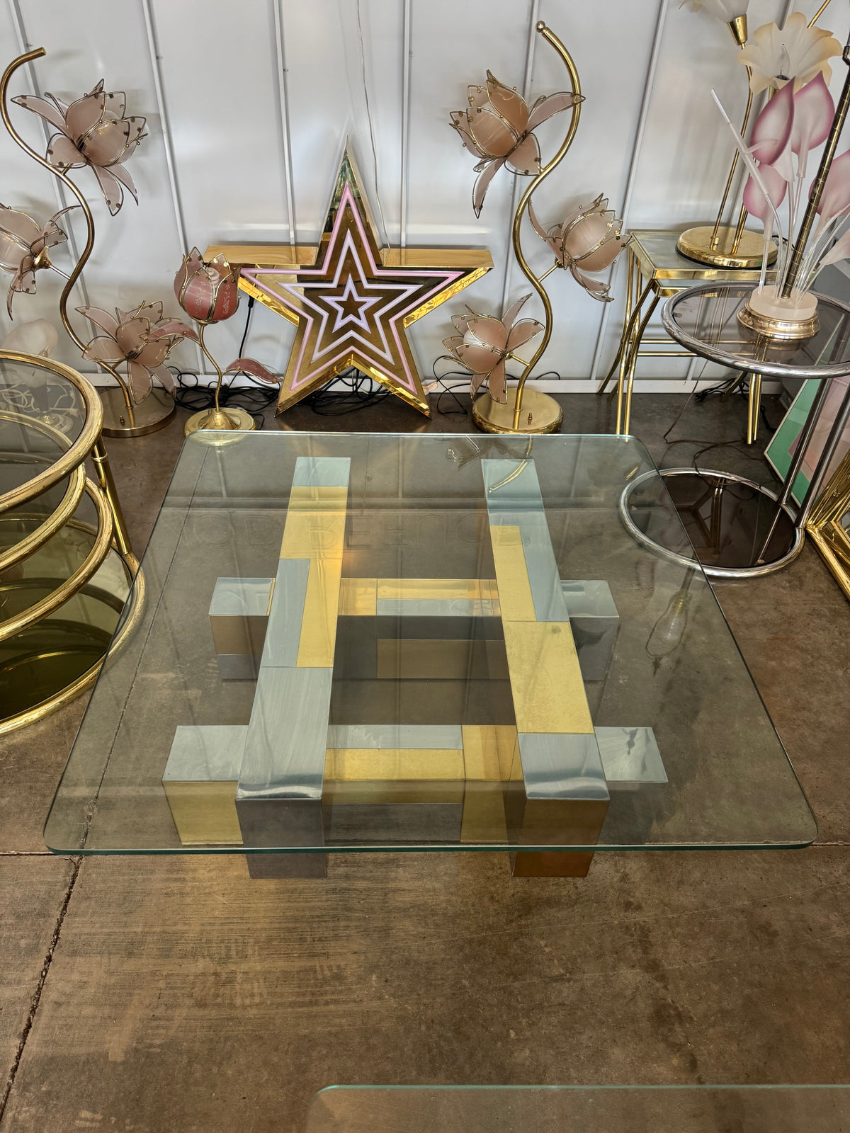 Cityscape-Style Brass, Chrome & Glass Coffee Table, Attributed to Paul Evans