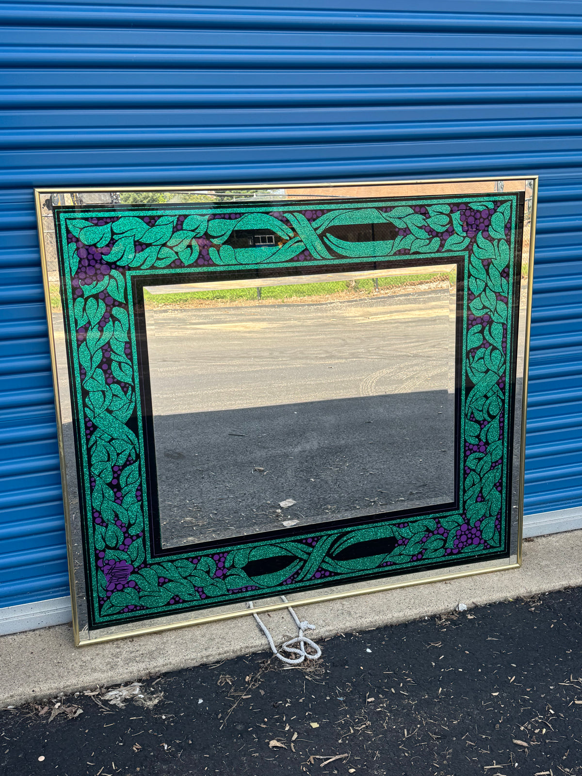 Large Sparkle-Framed Purple & Green Wall Mirror Brass Framed